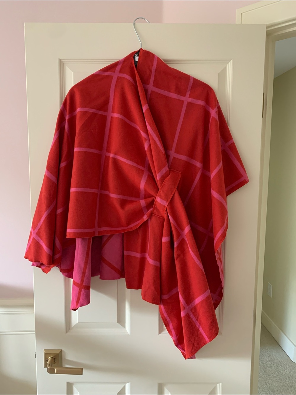 Women’s Reversible Red and Pink Plaid Wrap Poncho